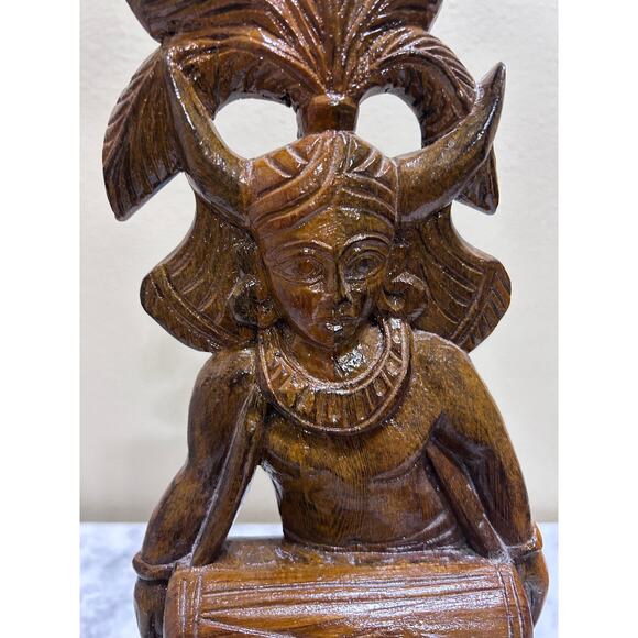 Vintage Hand Carved Teak Wooden Statue Indonesian Dancer Kendang Drum Folklore - Picture 3 of 6